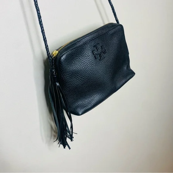 Tory Burch Black Leather Pebbled Crossbody Tassel Bag Purse - Picture 5 of 9